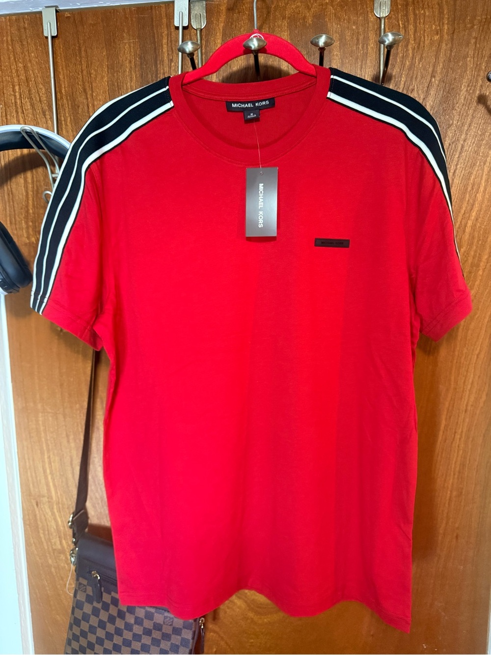 Michael Kors Men’s Red Crewneck Stripe-Shoulder T-Shirt